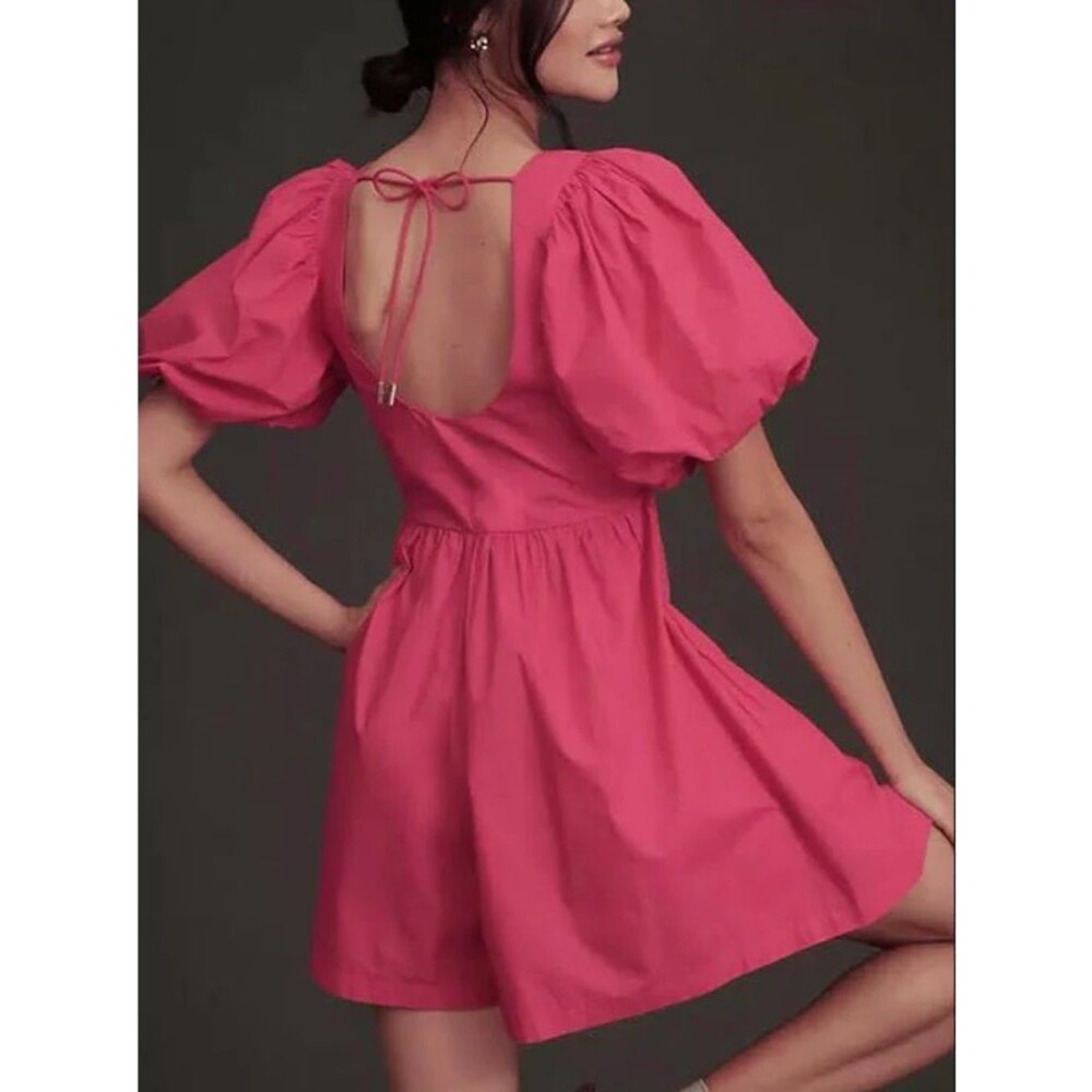 NWT Anthropologie Romper Fuchsia Pink Puff Sleeve Mini Dress size 0